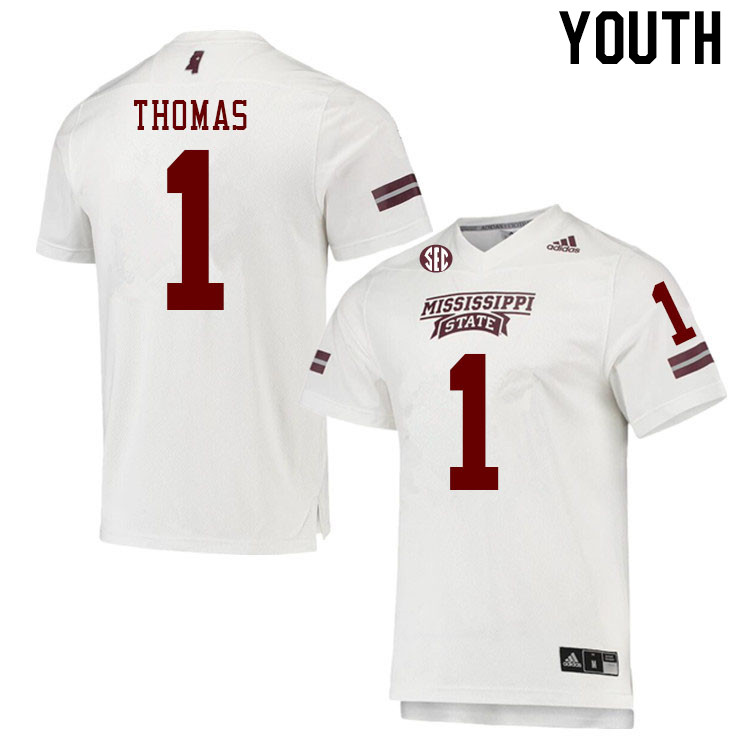 Youth #1 Zavion Thomas Mississippi State Bulldogs College Football Jerseys Stitched Sale-White